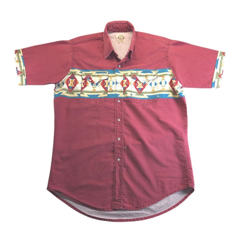Old El Paso Vintage Western Aztec‎ Print Red Pearl Snap Short Sleeve Shirt Large